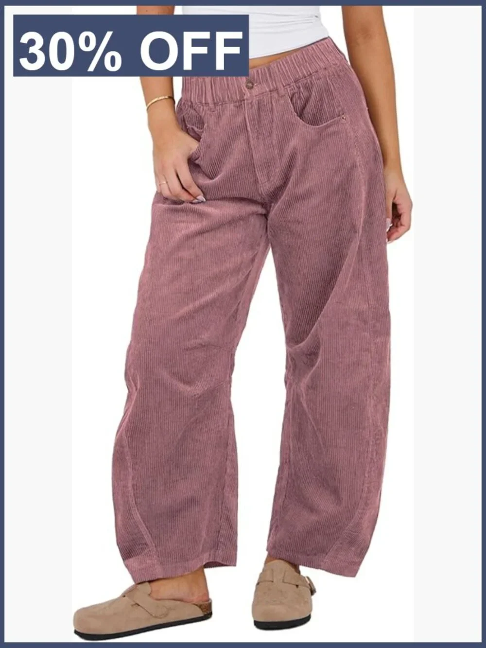 Wide Leg Corduroy Pants Barrel Mid Rise Elastic Waist Casual